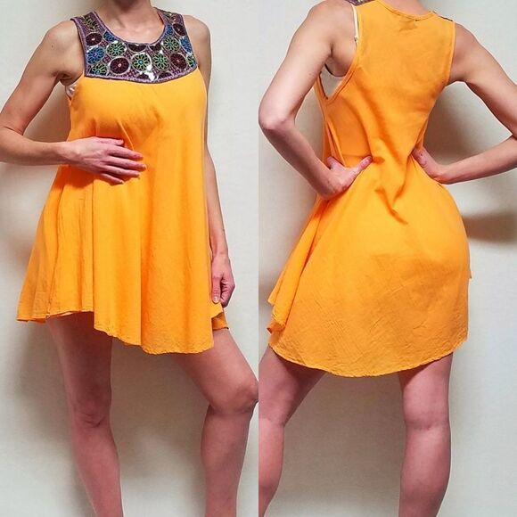 TEN Design Neon Tangerine Sequin Floral Embroidered Trapeze Dress Small - Picture 1 of 15